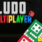 Store bogstaver med teksten LUDO MULTIPLAYER i forskellige farver og terninger ved siden af to spillebrætter i blå og grøn