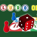 Rød terning og farverige brikker på et bræt med teksten Ludo Online øverst