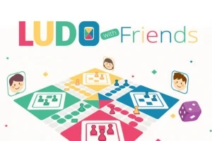 Farverigt brætspil med forskellige spilleområder og smiley-ansigter, en terning og titlen Ludo with Friends øverst