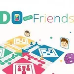 Farverigt brætspil med forskellige spilleområder og smiley-ansigter, en terning og titlen Ludo with Friends øverst