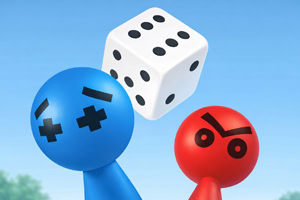 To farvede figurer i blå og rød med enkle ansigter ser op på en svævende hvid terning, med blå himmel i baggrunden