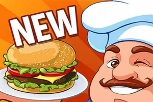 Tegnet portræt af en kok med overskæg, der blinker og holder en tallerken med en burger, omgivet af teksten NEW