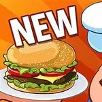 Tegnet portræt af en kok med overskæg, der blinker og holder en tallerken med en burger, omgivet af teksten NEW