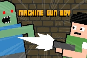 Pixelkunstbillede af en dreng, der skyder en grøn zombie med en maskinpistol mod en murstensvæg, med teksten Machine Gun Boy øverst