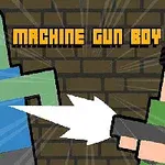 Pixelkunstbillede af en dreng, der skyder en grøn zombie med en maskinpistol mod en murstensvæg, med teksten Machine Gun Boy øverst