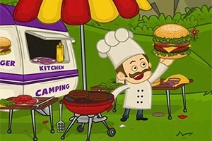En tegneserie-kok i en høj kokkehue griller burgere ved en campingvogn med en farverig parasol