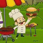 En tegneserie-kok i en høj kokkehue griller burgere ved en campingvogn med en farverig parasol