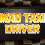 Teksten Mad Taxi Driver i gule og orange nuancer på en sort baggrund med et ternet mønster øverst og nederst