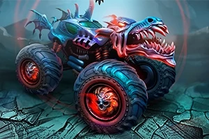Mad Truck Challenge Monstertruck med drage-tema, der har store dæk og et uhyggeligt design med lysende øjne og skarpe tænder, placeret på en krakeleret overflade