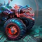 Mad Truck Challenge Monstertruck med drage-tema, der har store dæk og et uhyggeligt design med lysende øjne og skarpe tænder, placeret på en krakeleret overflade