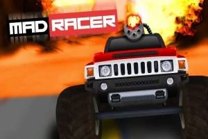 En rød monster truck med store dæk og en kanon på taget kører mod beskueren foran en eksplosion i baggrunden