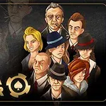 Tegning af otte alvorlige personer i retro tøj og hatte med teksten Mafia Poker i nederste venstre hjørne