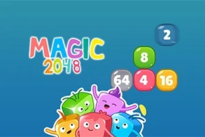 Farverige talblokke og glade figurer med skriften MAGIC 2048 på en blå baggrund