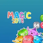 Farverige talblokke og glade figurer med skriften MAGIC 2048 på en blå baggrund