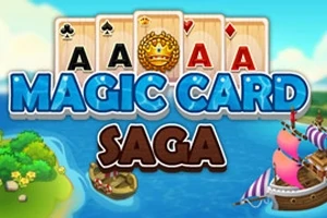 Et billede med fire spillekort, et kort med en krone og teksten Magic Card Saga over et landskab med en flod og et sejlskib