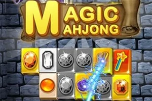 Farverige blokke med ædelsten og symboler mod en stenvæg baggrund, med teksten Magic Mahjong