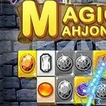 Farverige blokke med ædelsten og symboler mod en stenvæg baggrund, med teksten Magic Mahjong