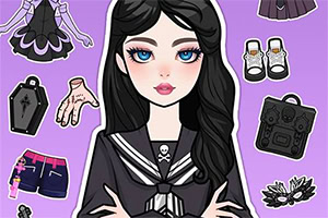 Gotisk tegneseriepige med langt sort hår i mørk skoleuniform omgivet af tøj og accessories på lilla baggrund