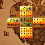 En samling af farverige domino-brikker arrangeret i et korsmønster foran en brun baggrund med skygger af rustningsklædte figurer