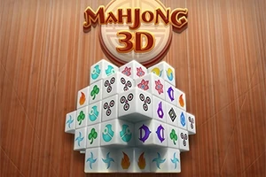 En 3D-pyramide af mahjong-brikker med forskellige farvede symboler på en træbaggrund