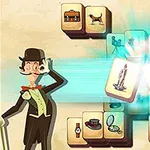 En animeret karakter iført jakkesæt og bowlerhat står ved siden af spilbrikker med forskellige genstande, herunder en stearinlysbrik, der matcher midt i billedet