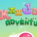 Farverig grafik med teksten Mahjong Adventure omgivet af bobler og balloner på en blå og grøn baggrund