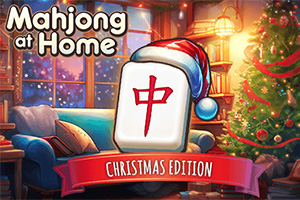 En hyggelig stue dekoreret til jul med et juletræ, en sofa og en mahjong-brik med nissehue