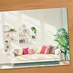 Lyst og solrigt stueinteriør med en sofa fyldt med farverige puder, planter, og hylder dekoreret med bøger og små genstande