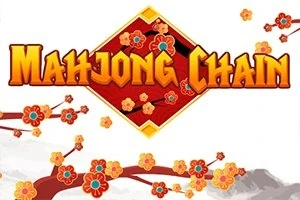 Teksten Mahjong Chain i kraftige farver med blomstergrene og kinesisk-inspireret design