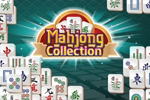 Farverigt Mahjong Collection-logo omgivet af mahjongbrikker på en grøn, strålende baggrund
