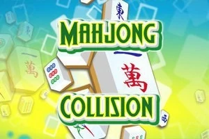 Brikker fra et mahjong-spil med grøn-gul baggrund og teksten Mahjong Collision i centrum