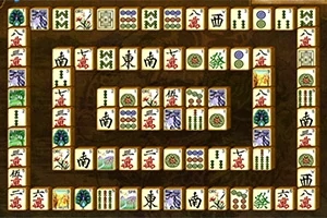 Rækken af mahjong-brikker arrangeret i et spiralformet mønster på en mørk baggrund