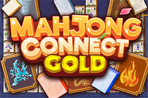 Farverigt logo med teksten Mahjong Connect Gold omgivet af mahjongbrikker og kort med ild- og blomstermotiver