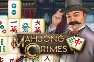 Mand med overskæg og hat foran spillebrikker, med teksten Mahjong Crimes i forgrunden