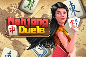 Kvindelig karakter i traditionel kjole med mahjong-brikker og et kort med teksten Mahjong Duels