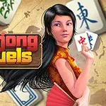 Kvindelig karakter i traditionel kjole med mahjong-brikker og et kort med teksten Mahjong Duels