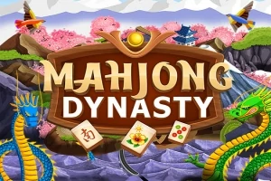 Et farverigt skilt med teksten MAHJONG DYNASTY omgivet af drager, sakura-træer og tre mahjong-brikker på en naturskøn baggrund