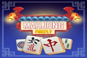 Rød-lanterne udsmykning med Mahjong Firefly tekst og tre mahjong-brikker på blå baggrund