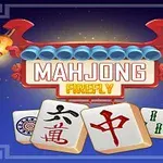 Rød-lanterne udsmykning med Mahjong Firefly tekst og tre mahjong-brikker på blå baggrund