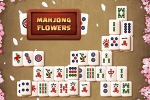 Mahjong-brikker arrangeret med blomsterkanter og teksten Mahjong Flowers i midten