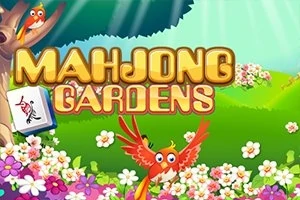 Farverig tegneseriestil med en rød fugl omgivet af blomster og et Mahjong-brik symbol ved siden af teksten MAHJONG GARDENS
