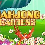 Farverig tegneseriestil med en rød fugl omgivet af blomster og et Mahjong-brik symbol ved siden af teksten MAHJONG GARDENS