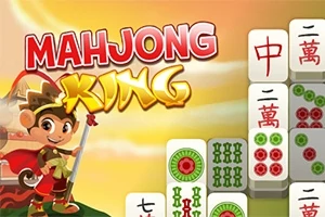 Tegneseriefigur i kampdragt ved siden af mahjong-brikker med asiatiske symboler og teksten Mahjong King i baggrunden