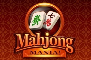 To mahjong-brikker med kinesiske tegn på en rød mønstret baggrund under ordet Mahjong Mania!