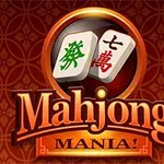 To mahjong-brikker med kinesiske tegn på en rød mønstret baggrund under ordet Mahjong Mania!