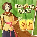 En animeret person står ved siden af stiliserede mahjong-brikker og et grønt baggrundstema med teksten MAHJONG QUEST