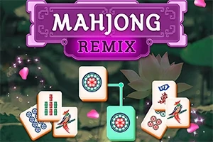 Mahjong-brikker med blomster og fuglemotiver i en dekorativ lilla ramme