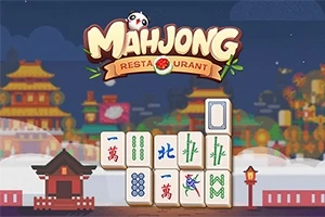 En Mahjong-brik layout foran en farverig baggrund med asiatiske templer og lamper samt teksten Mahjong Restaurant øverst