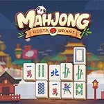 En Mahjong-brik layout foran en farverig baggrund med asiatiske templer og lamper samt teksten Mahjong Restaurant øverst