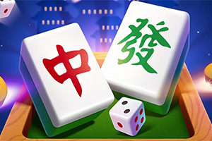 To mahjong-brikker med kinesiske tegn står oprejst på en grøn overflade ved siden af en terning